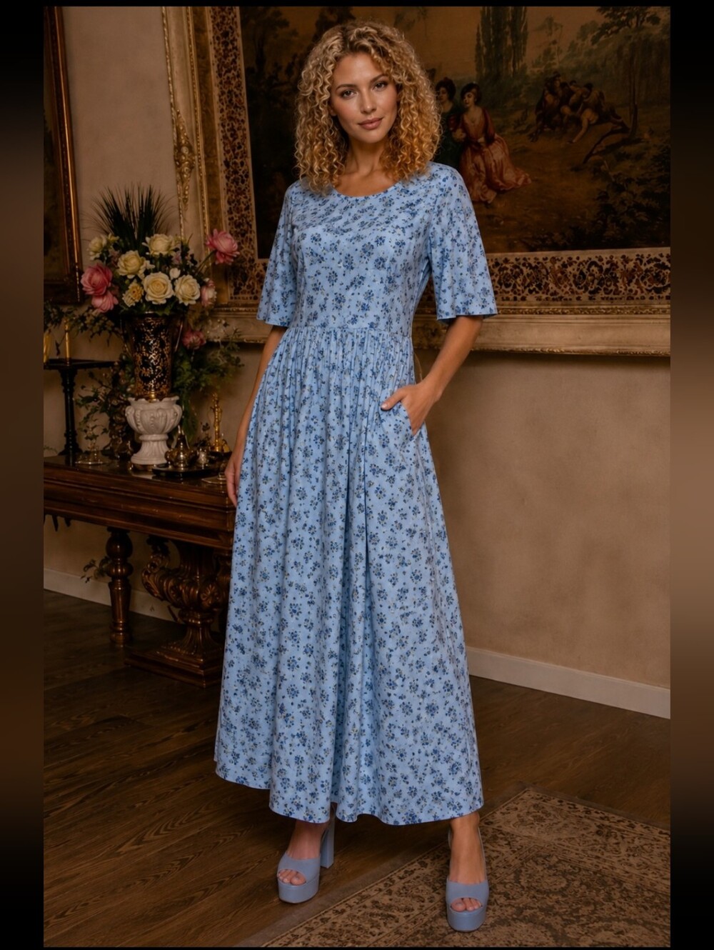 Vintage 1980s Varsity Sport Blue Floral Prairie Maxi Dress Cottagecore USA XL